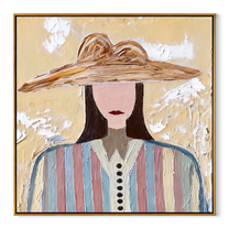 Brown Waves Shelter Color - multicolor striped woman painting by Elliot Vale, modern figurative square wall art - wood frame on white background
