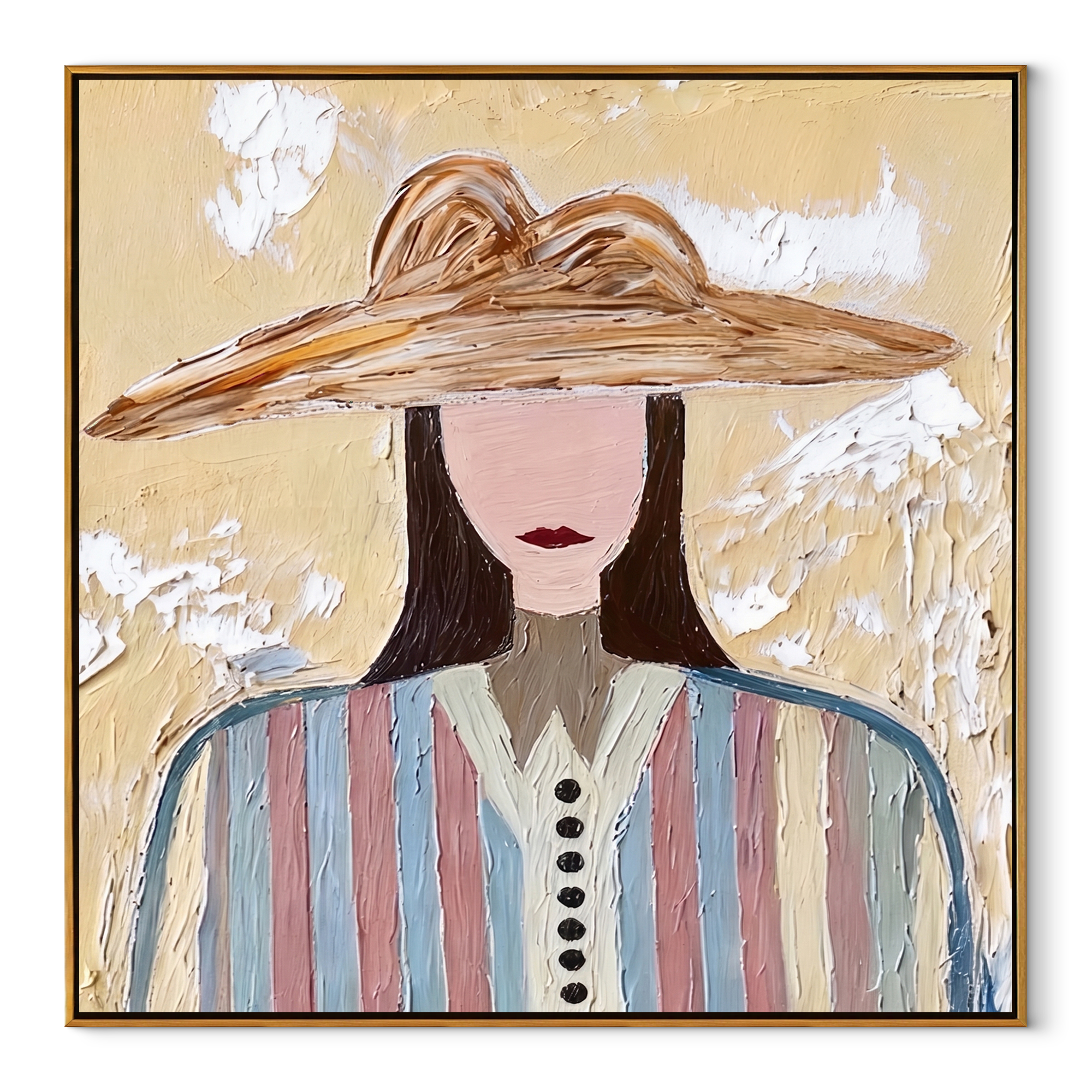 Brown Waves Shelter Color - multicolor striped woman painting by Elliot Vale, modern figurative square wall art - wood frame on white background