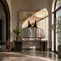 Brown Waves Shelter Color - multicolor striped woman painting by Elliot Vale, modern figurative square wall art - styled room scene view 2