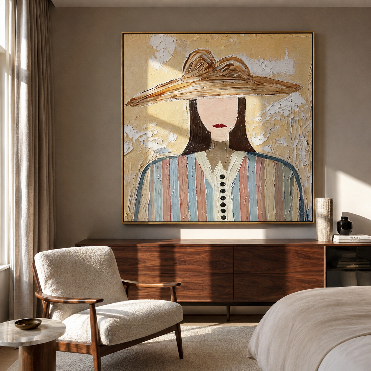 Brown Waves Shelter Color - multicolor striped woman painting by Elliot Vale, modern figurative square wall art - styled room scene view 3