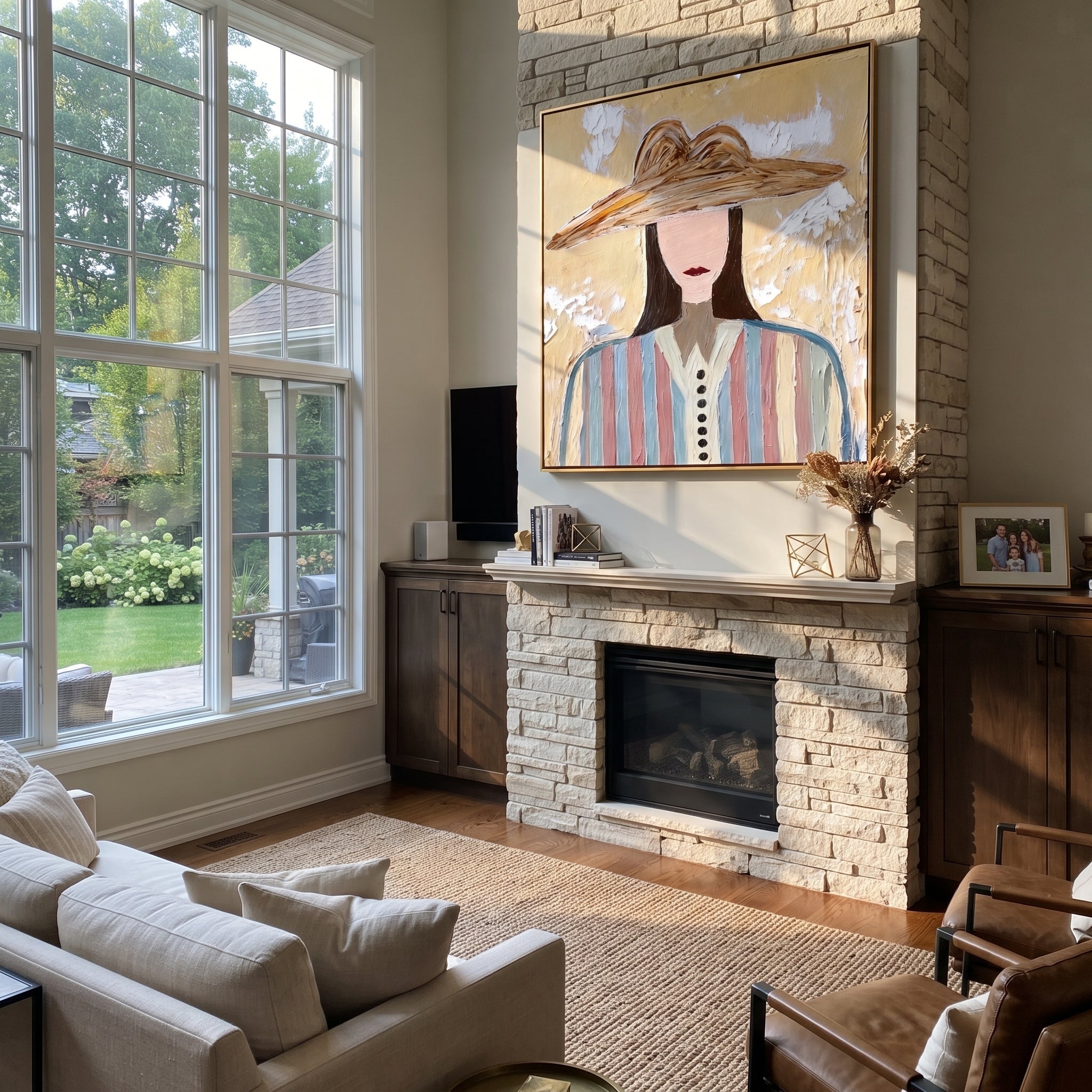 Brown Waves Shelter Color - multicolor striped woman painting by Elliot Vale, modern figurative square wall art - styled room scene view 4