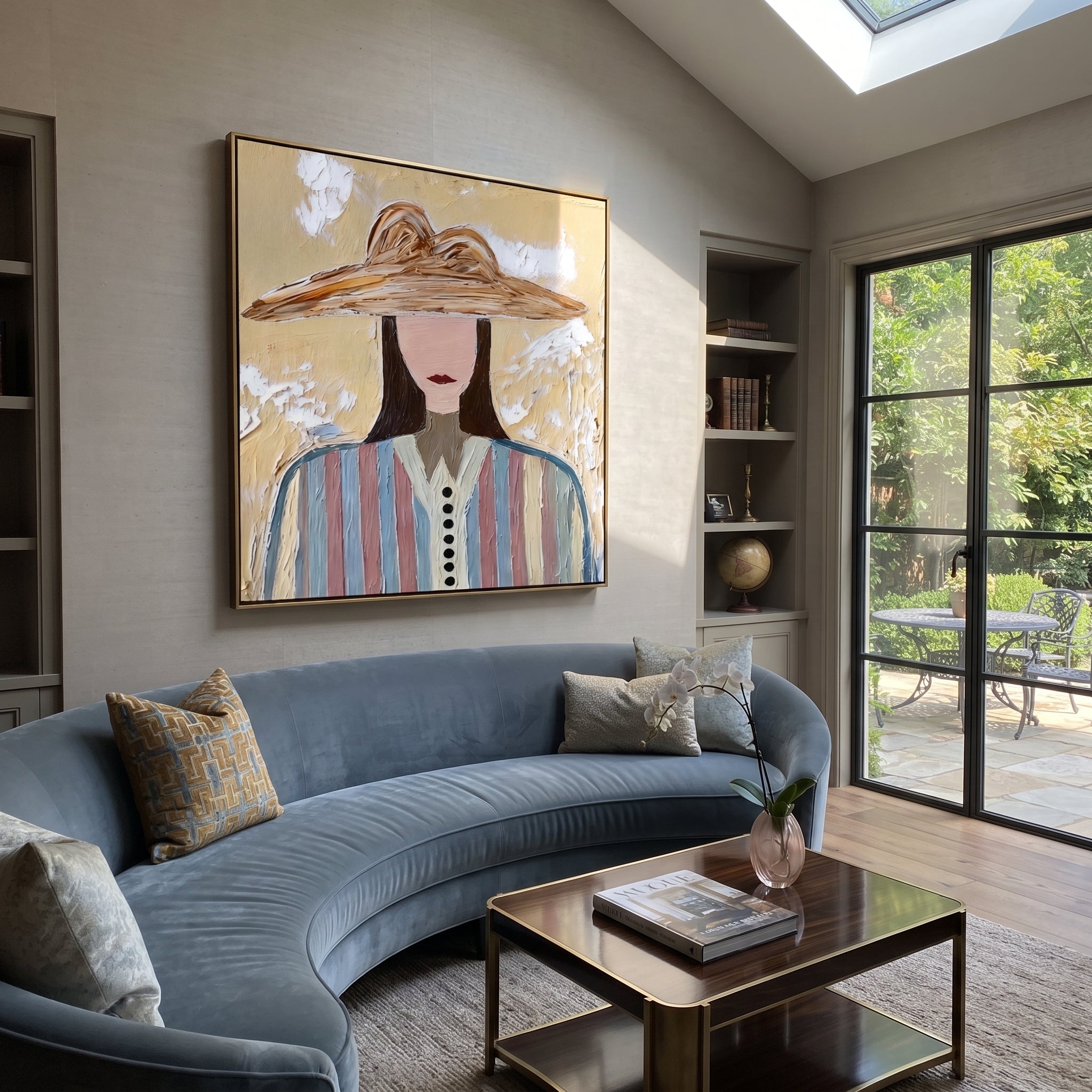 Brown Waves Shelter Color - multicolor striped woman painting by Elliot Vale, modern figurative square wall art - styled room scene view 5