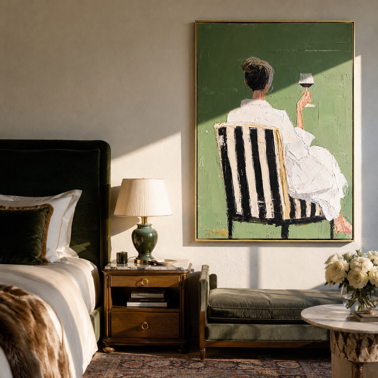 White Dress Raises Wine - seated wine woman painting by Elliot Vale, modern figurative vertical wall art - styled room scene view 1