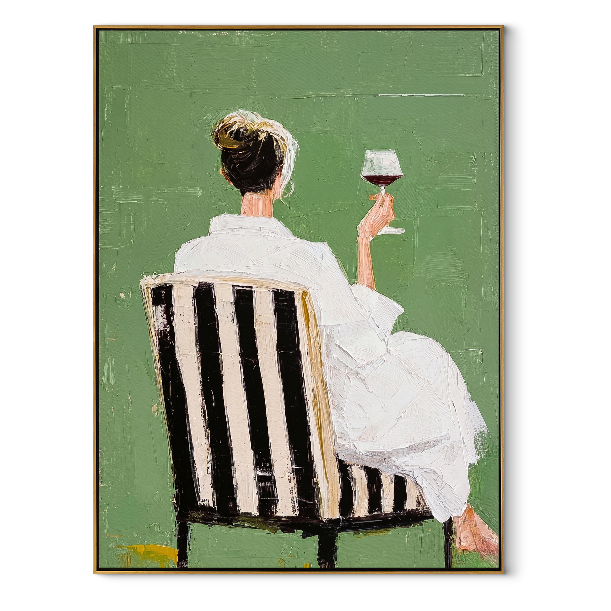White Dress Raises Wine - seated wine woman painting by Elliot Vale, modern figurative vertical wall art - wood frame on white background