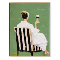 White Dress Raises Wine - seated wine woman painting by Elliot Vale, modern figurative vertical wall art - wood frame on white background