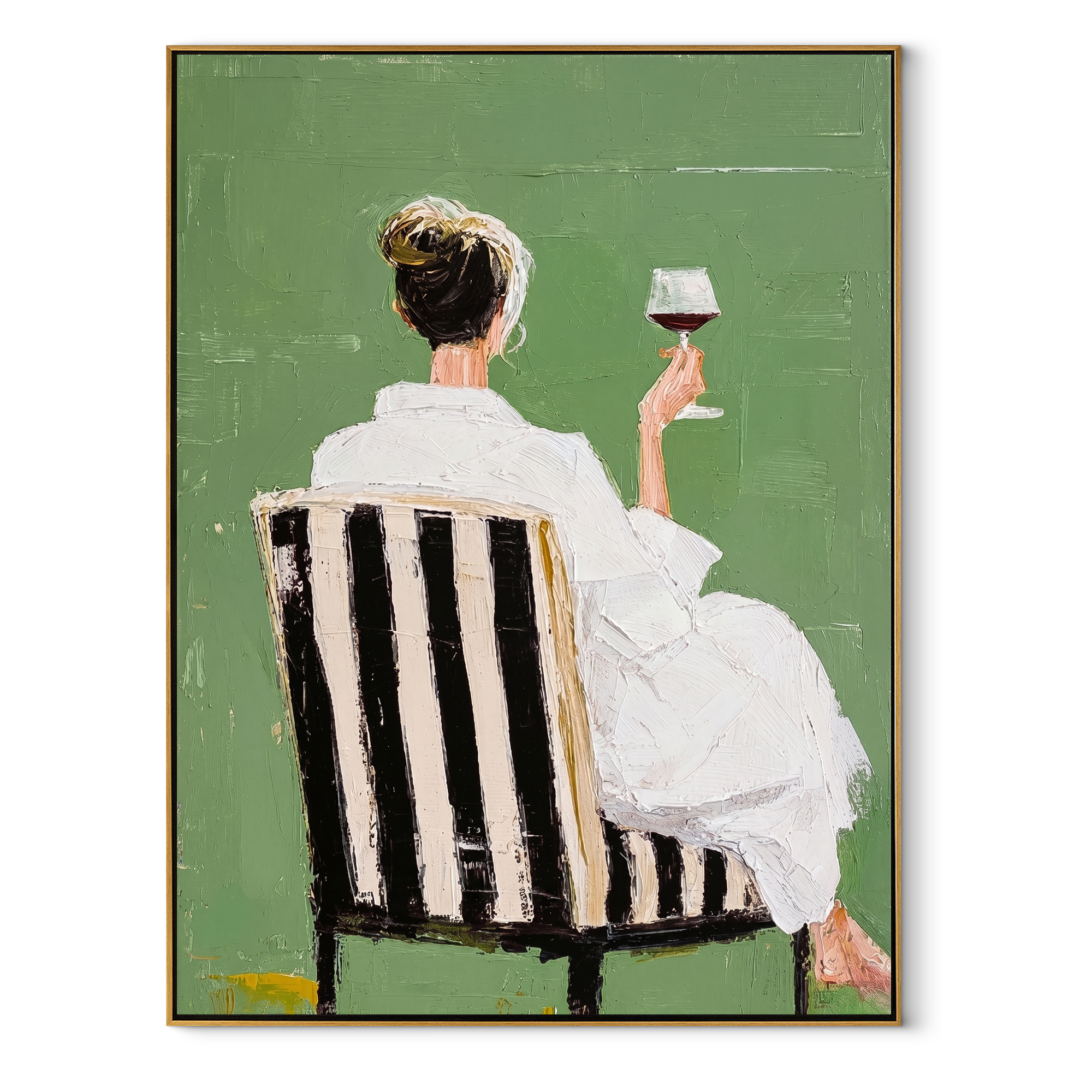 White Dress Raises Wine - seated wine woman painting by Elliot Vale, modern figurative vertical wall art - wood frame on white background