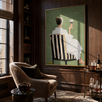White Dress Raises Wine - seated wine woman painting by Elliot Vale, modern figurative vertical wall art - styled room scene view 2