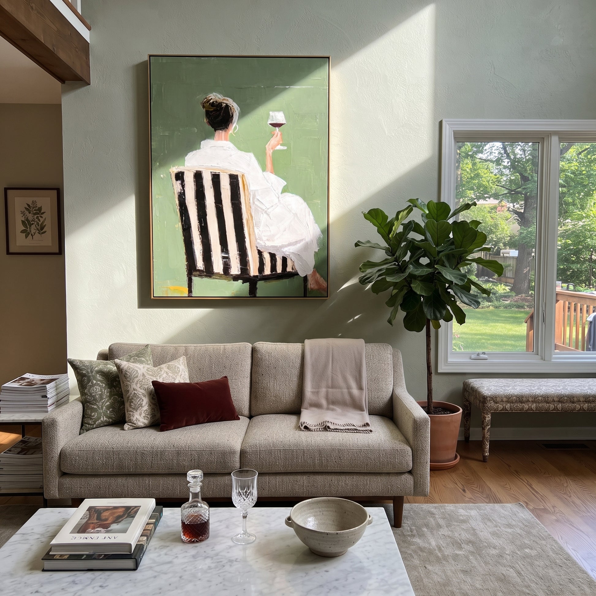 White Dress Raises Wine - seated wine woman painting by Elliot Vale, modern figurative vertical wall art - styled room scene view 3