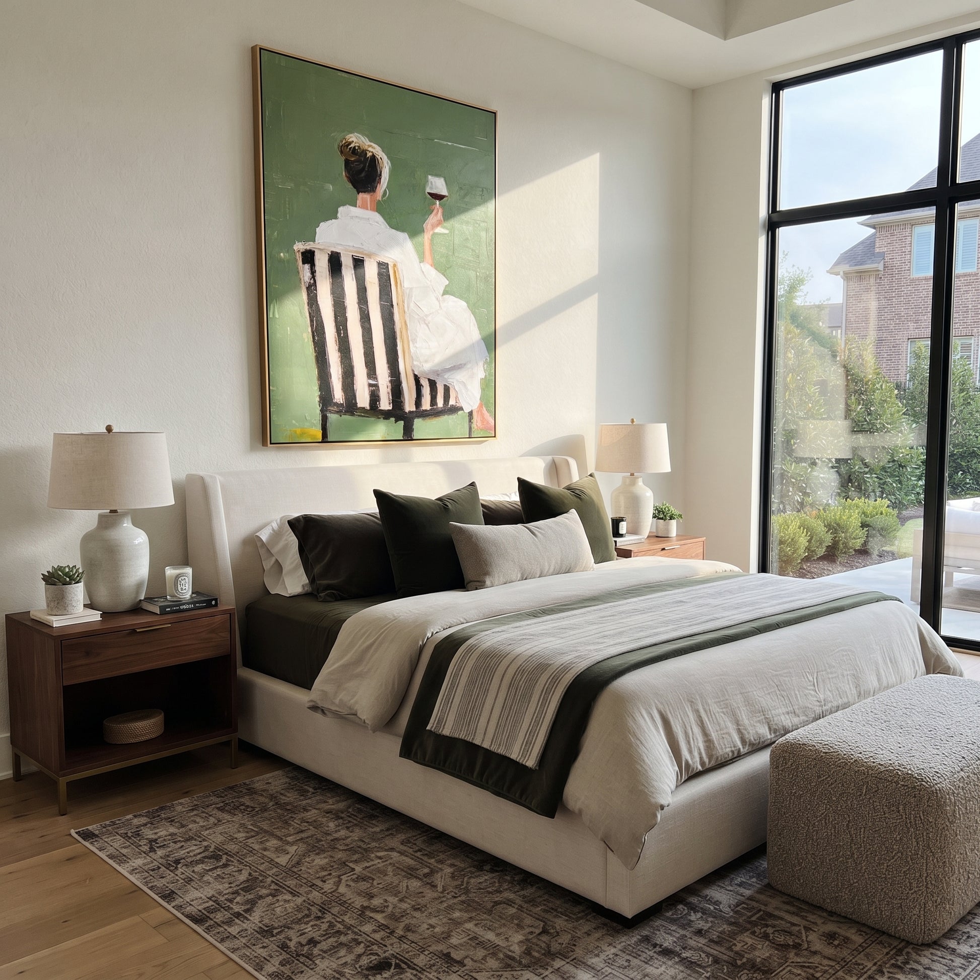 White Dress Raises Wine - seated wine woman painting by Elliot Vale, modern figurative vertical wall art - styled room scene view 4