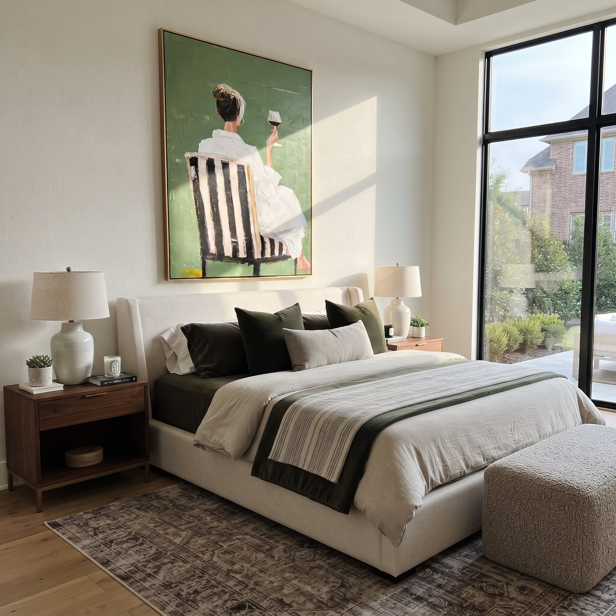 White Dress Raises Wine - seated wine woman painting by Elliot Vale, modern figurative vertical wall art - styled room scene view 4