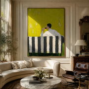 Yellow Room Holds Pause - seated drinking man painting by Elliot Vale, modern figurative vertical wall art - styled room scene view 1