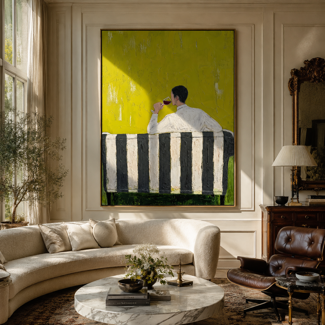 Yellow Room Holds Pause - seated drinking man painting by Elliot Vale, modern figurative vertical wall art - styled room scene view 1