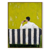 Yellow Room Holds Pause - seated drinking man painting by Elliot Vale, modern figurative vertical wall art - wood frame on white background