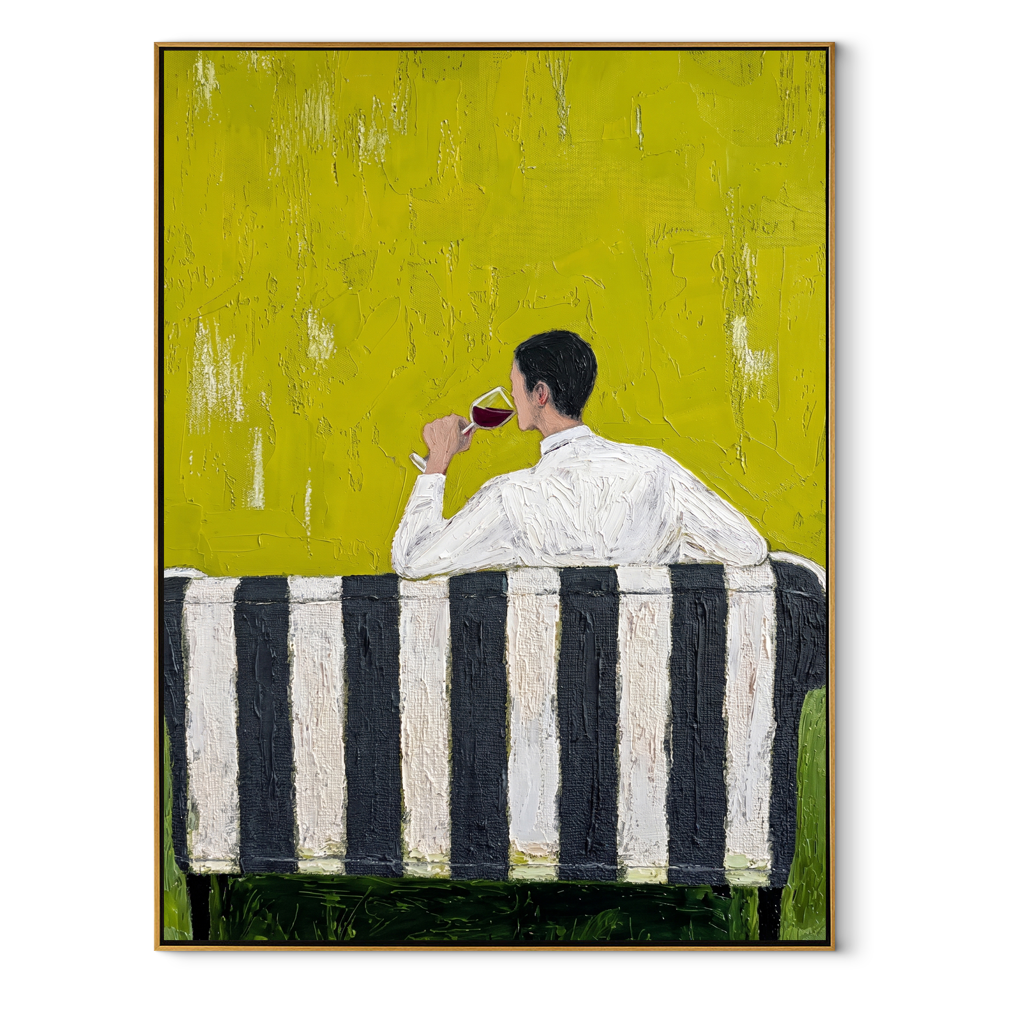 Yellow Room Holds Pause - seated drinking man painting by Elliot Vale, modern figurative vertical wall art - wood frame on white background