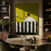 Yellow Room Holds Pause - seated drinking man painting by Elliot Vale, modern figurative vertical wall art - styled room scene view 2