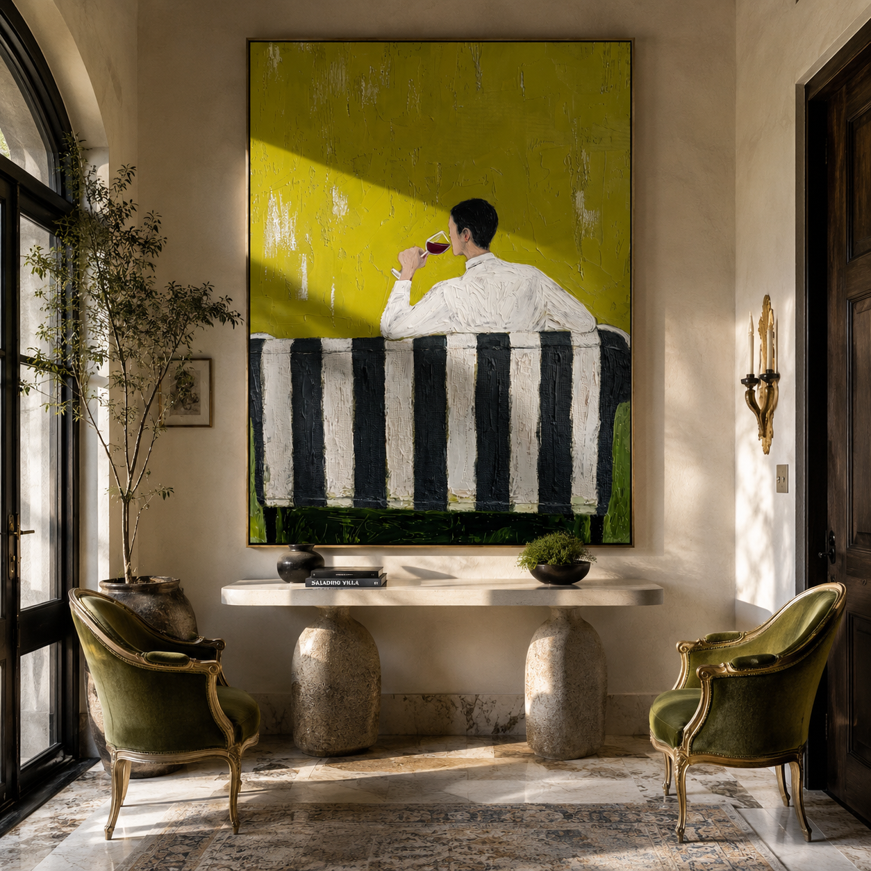 Yellow Room Holds Pause - seated drinking man painting by Elliot Vale, modern figurative vertical wall art - styled room scene view 3