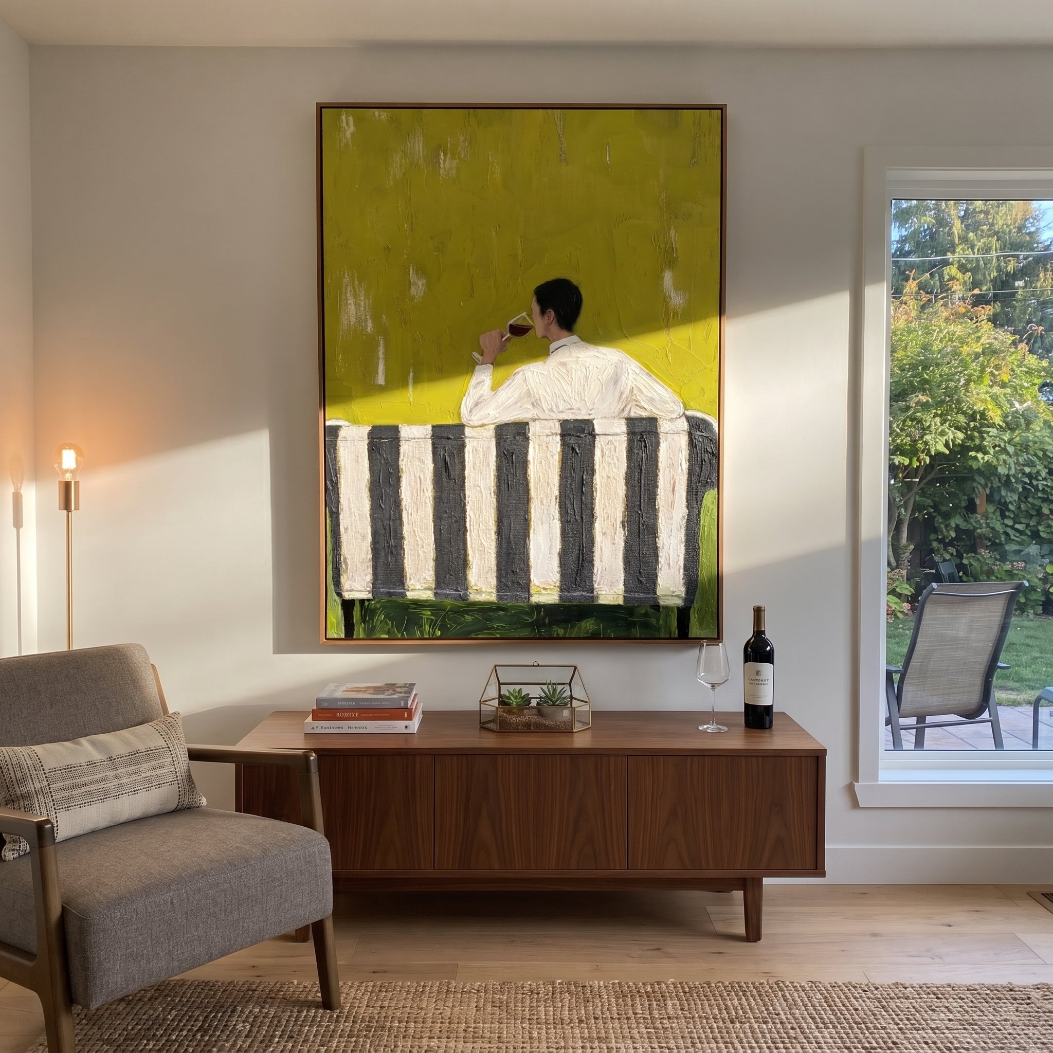 Yellow Room Holds Pause - seated drinking man painting by Elliot Vale, modern figurative vertical wall art - styled room scene view 4