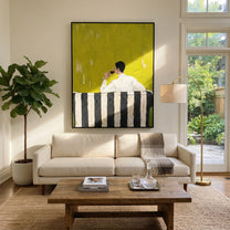 Yellow Room Holds Pause - seated drinking man painting by Elliot Vale, modern figurative vertical wall art - styled room scene view 5