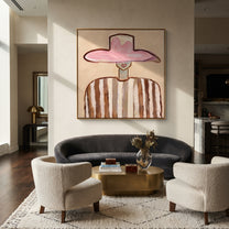Rose Brim Meets Stripes - brown striped figure painting by Elliot Vale, modern figurative square wall art - styled room scene view 1