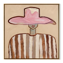 Rose Brim Meets Stripes - brown striped figure painting by Elliot Vale, modern figurative square wall art - wood frame on white background
