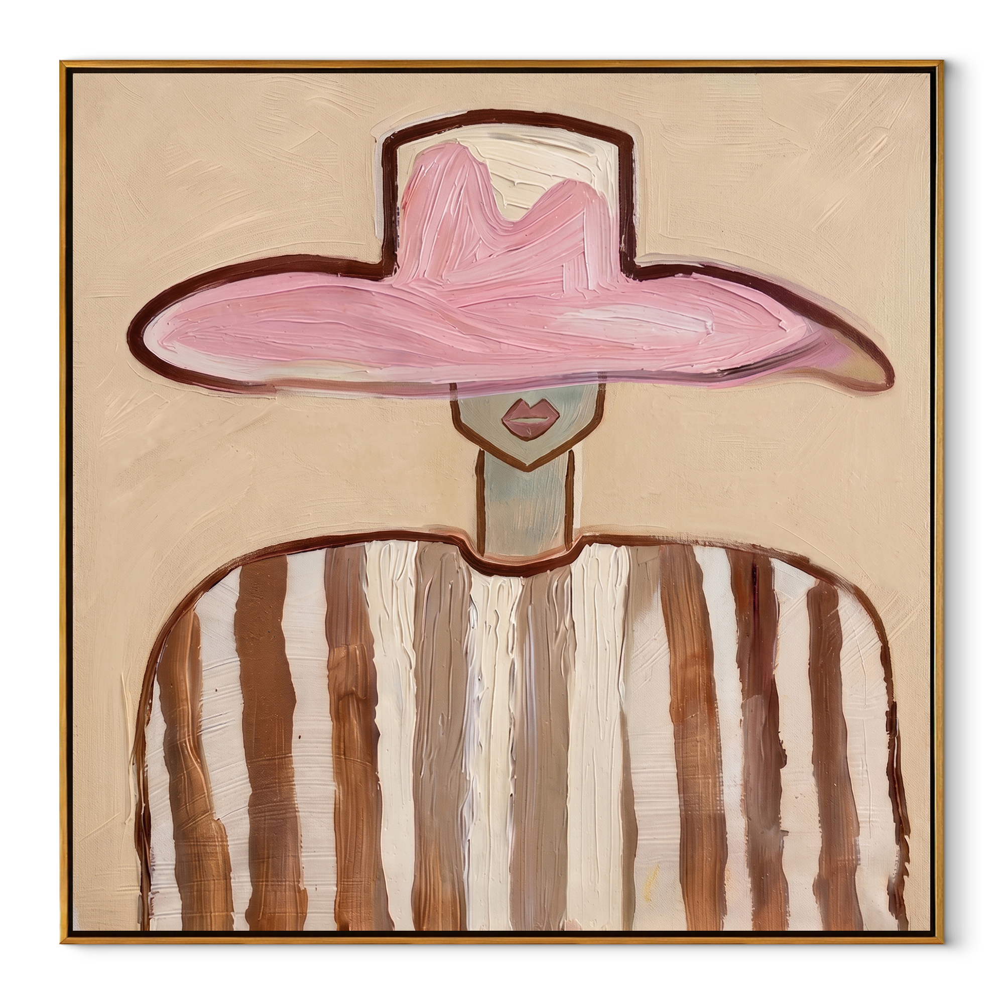 Rose Brim Meets Stripes - brown striped figure painting by Elliot Vale, modern figurative square wall art - wood frame on white background