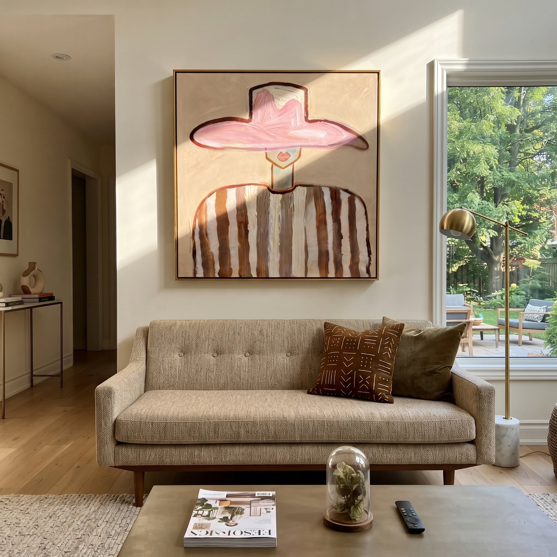 Rose Brim Meets Stripes - brown striped figure painting by Elliot Vale, modern figurative square wall art - styled room scene view 2