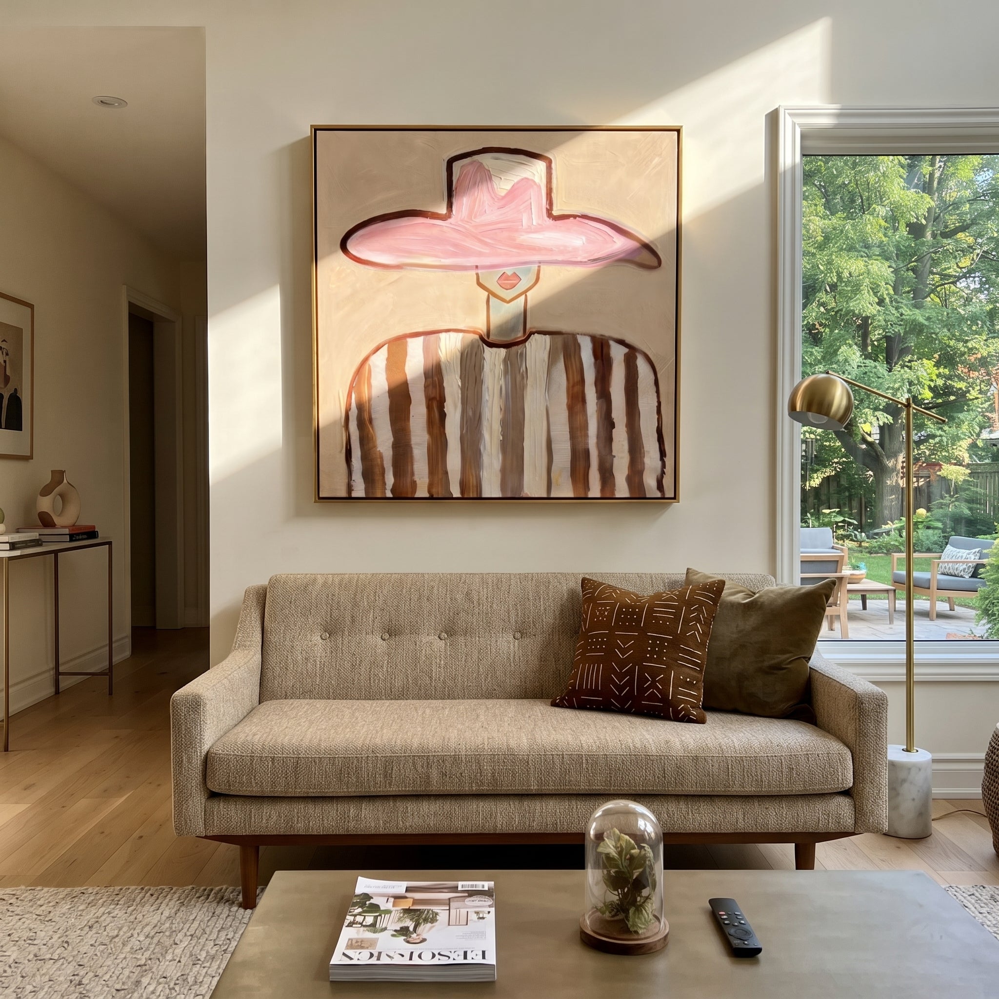 Rose Brim Meets Stripes - brown striped figure painting by Elliot Vale, modern figurative square wall art - styled room scene view 2
