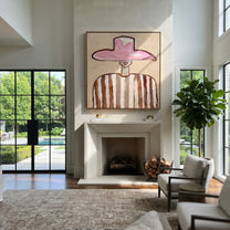 Rose Brim Meets Stripes - brown striped figure painting by Elliot Vale, modern figurative square wall art - styled room scene view 3