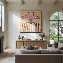 Rose Brim Meets Stripes - brown striped figure painting by Elliot Vale, modern figurative square wall art - styled room scene view 4