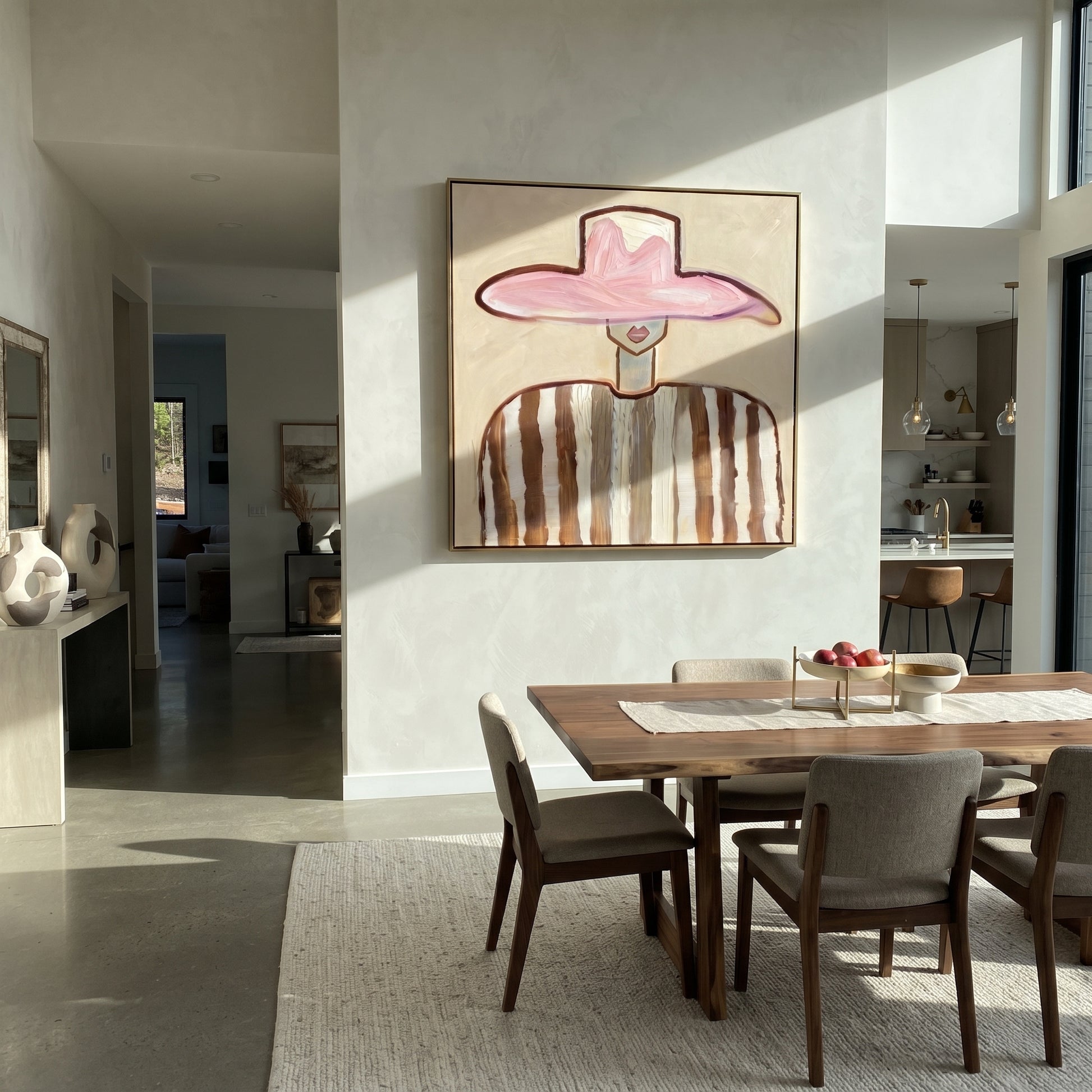 Rose Brim Meets Stripes - brown striped figure painting by Elliot Vale, modern figurative square wall art - styled room scene view 5