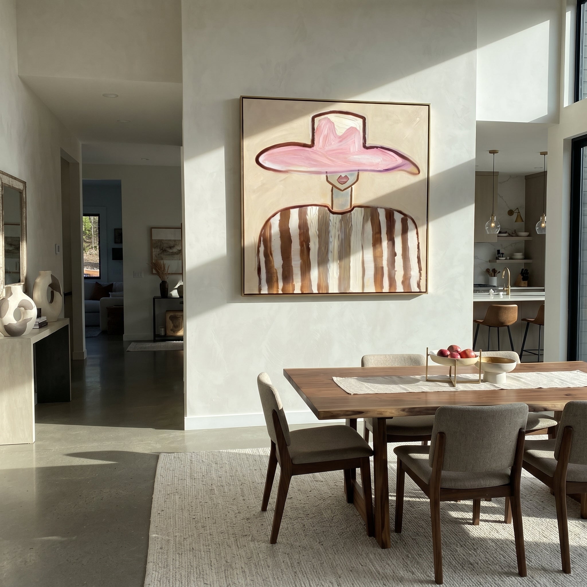 Rose Brim Meets Stripes - brown striped figure painting by Elliot Vale, modern figurative square wall art - styled room scene view 5