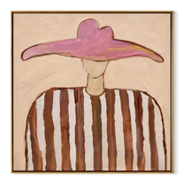 Pink Horizon Holds Brown - brown striped hat figure painting by Elliot Vale, modern figurative square wall art - wood frame on white background