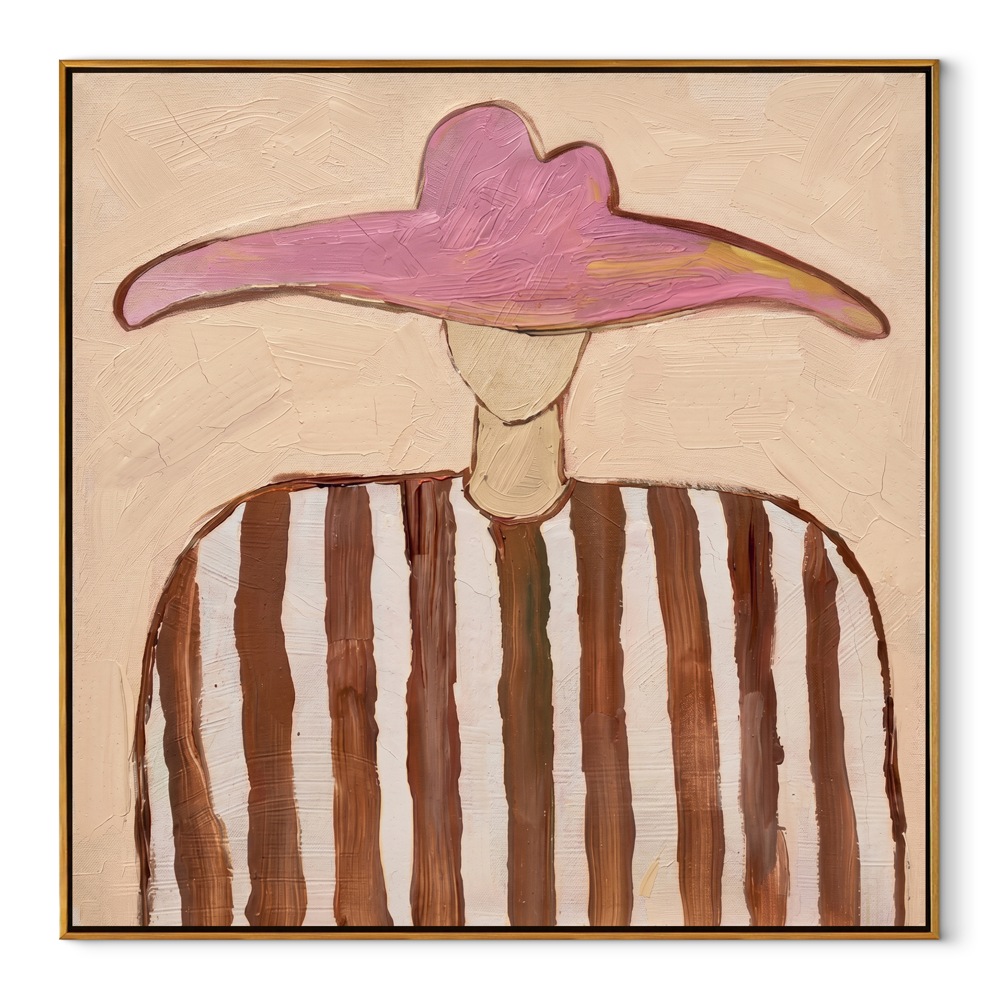Pink Horizon Holds Brown - brown striped hat figure painting by Elliot Vale, modern figurative square wall art - wood frame on white background