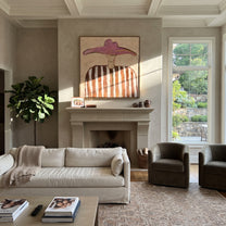 Pink Horizon Holds Brown - brown striped hat figure painting by Elliot Vale, modern figurative square wall art - styled room scene view 2