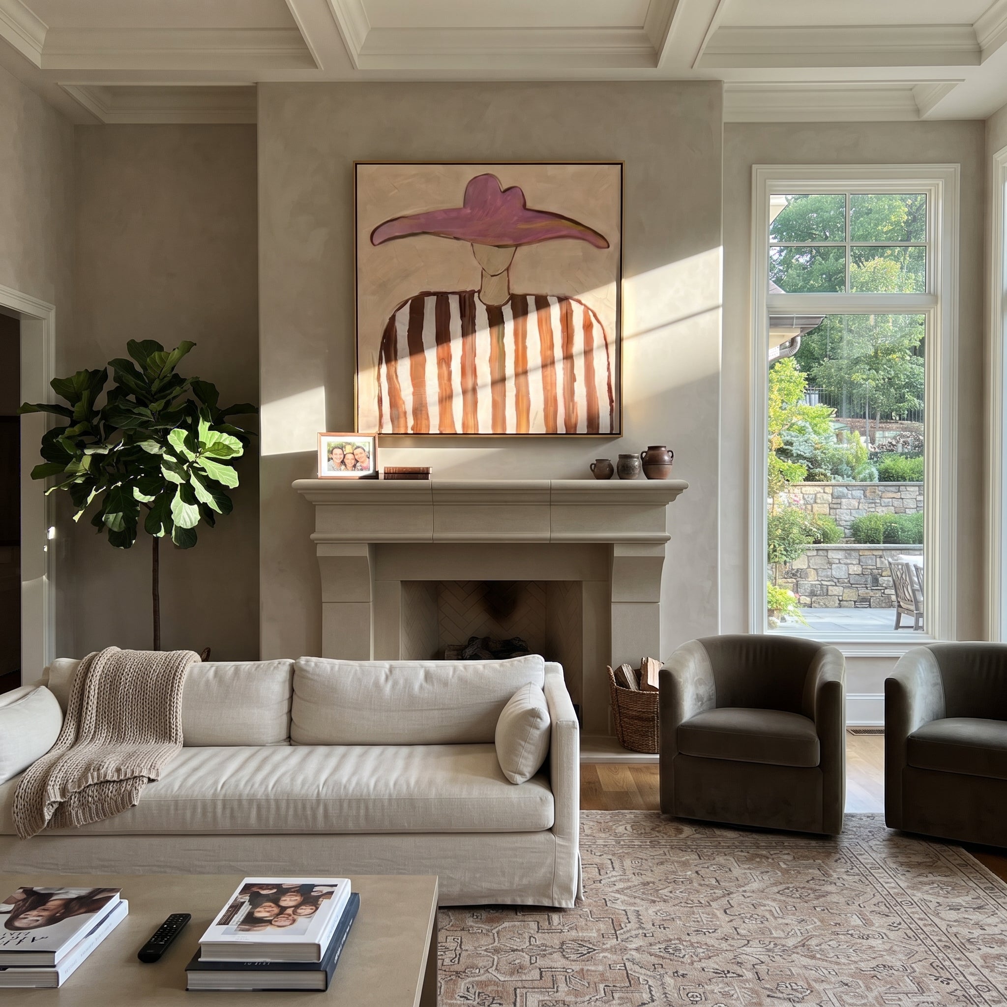 Pink Horizon Holds Brown - brown striped hat figure painting by Elliot Vale, modern figurative square wall art - styled room scene view 2