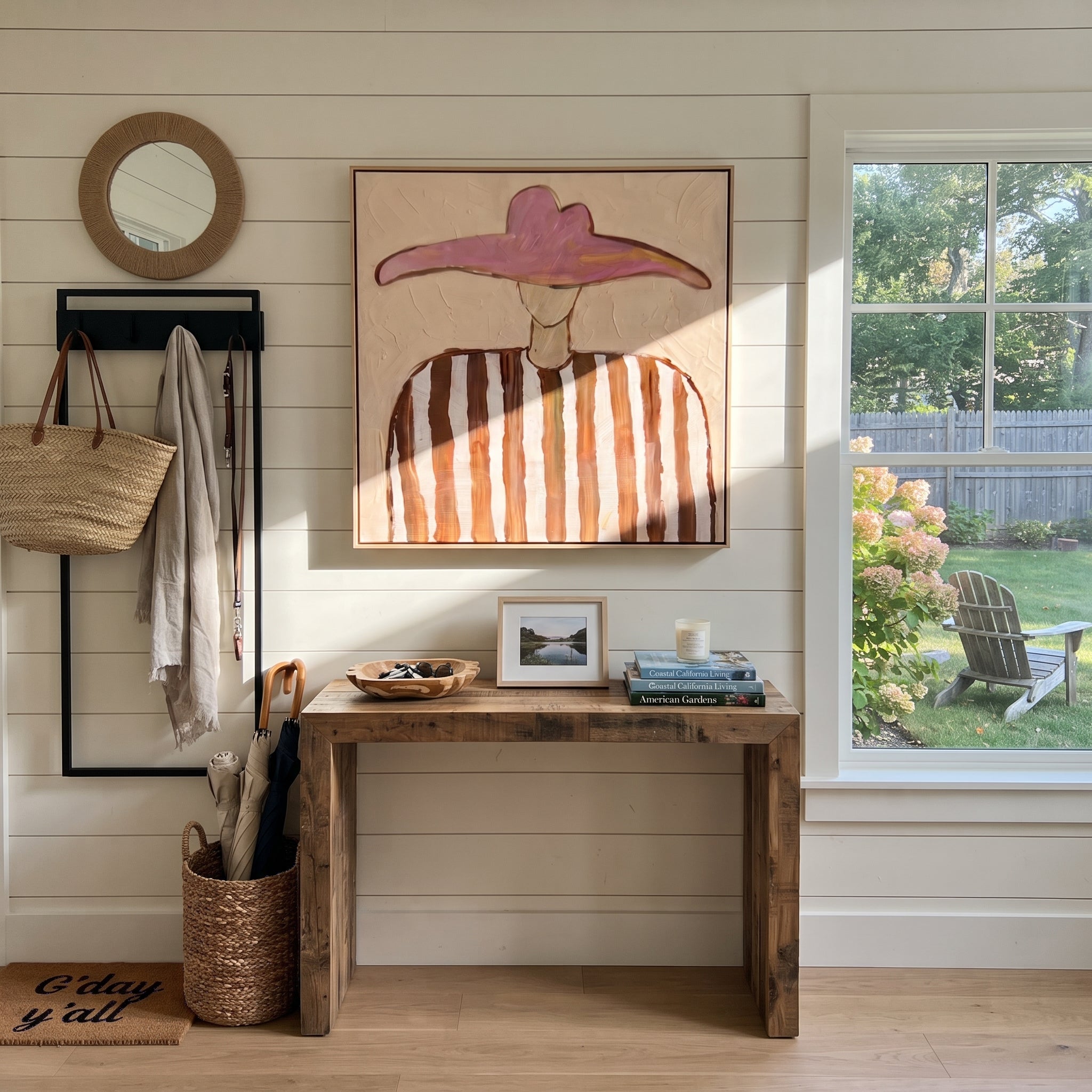 Pink Horizon Holds Brown - brown striped hat figure painting by Elliot Vale, modern figurative square wall art - styled room scene view 3
