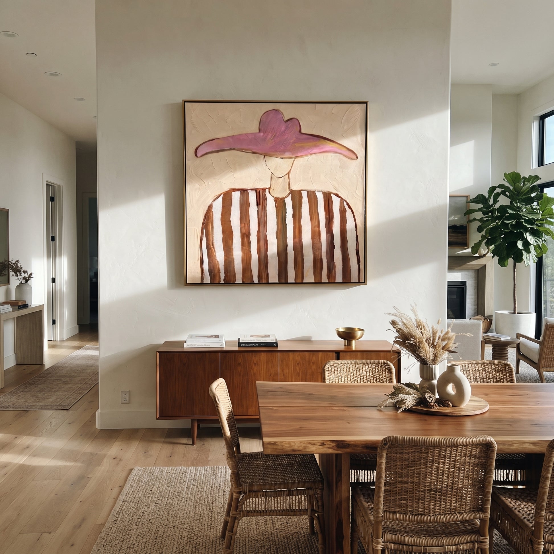 Pink Horizon Holds Brown - brown striped hat figure painting by Elliot Vale, modern figurative square wall art - styled room scene view 4