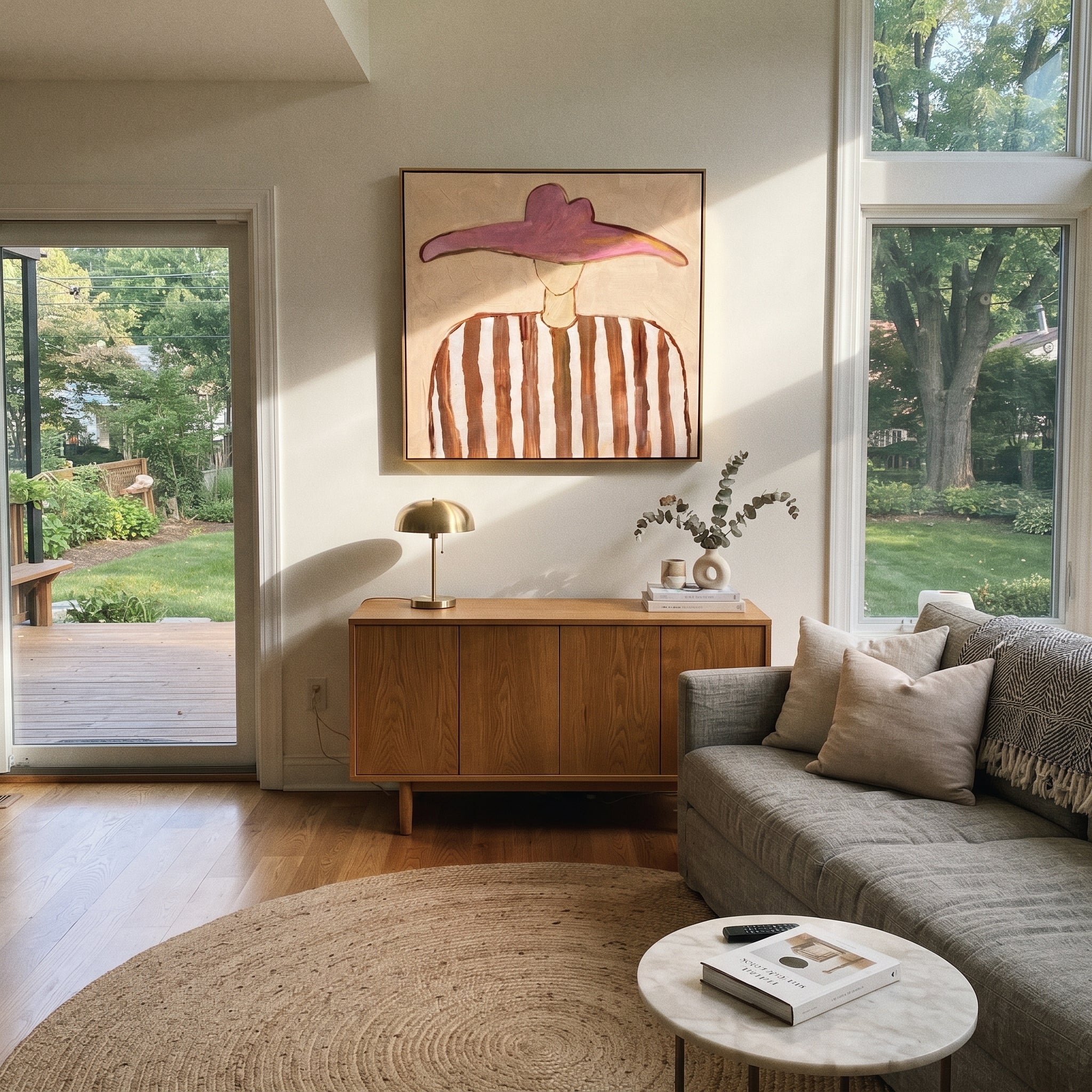 Pink Horizon Holds Brown - brown striped hat figure painting by Elliot Vale, modern figurative square wall art - styled room scene view 5