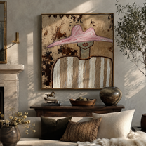 Mottled Pink Guards Linen - neutral striped figure painting by Elliot Vale, modern figurative square wall art - styled room scene view 1