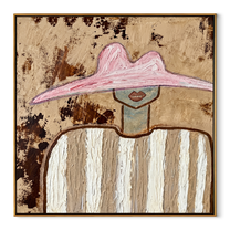 Mottled Pink Guards Linen - neutral striped figure painting by Elliot Vale, modern figurative square wall art - wood frame on white background