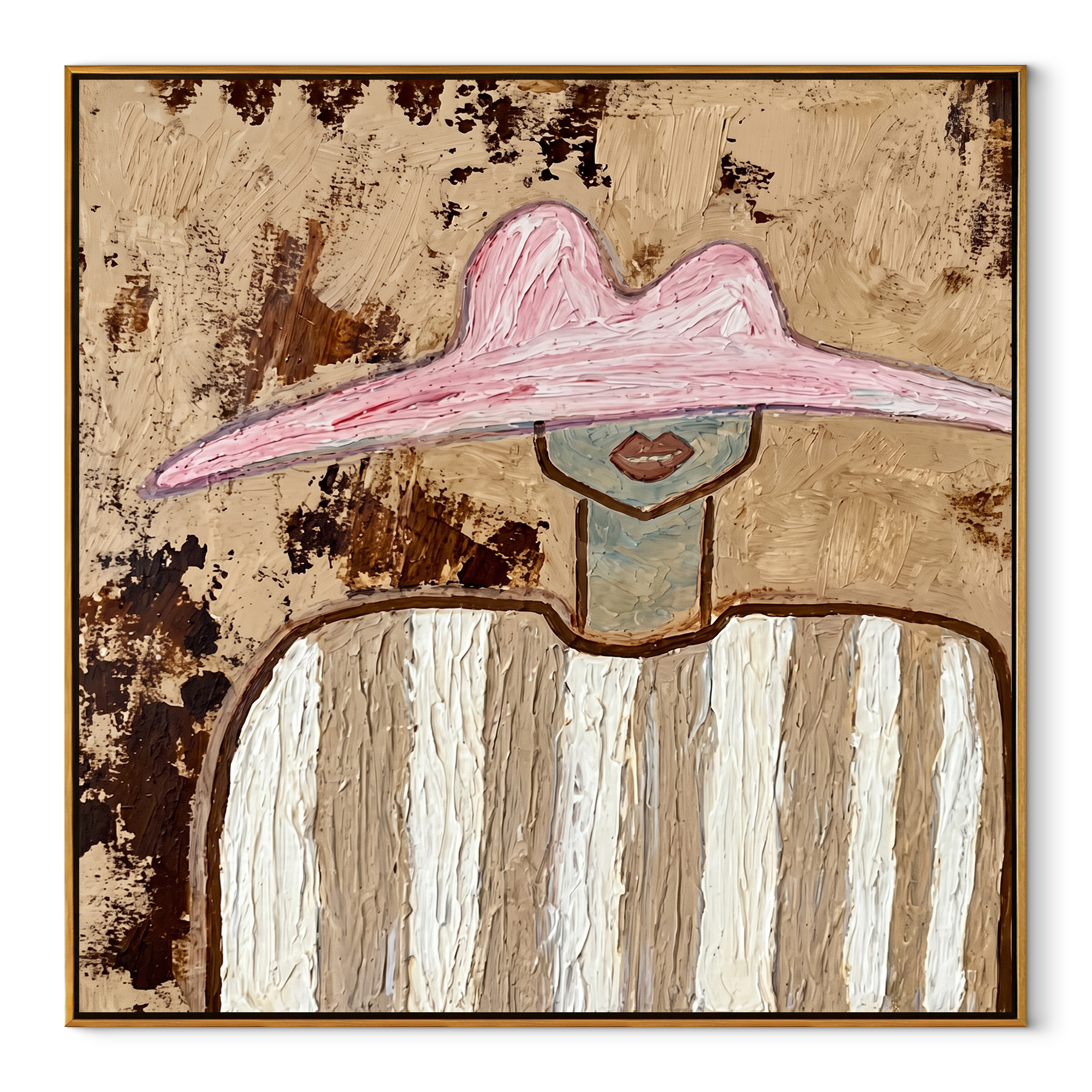 Mottled Pink Guards Linen - neutral striped figure painting by Elliot Vale, modern figurative square wall art - wood frame on white background