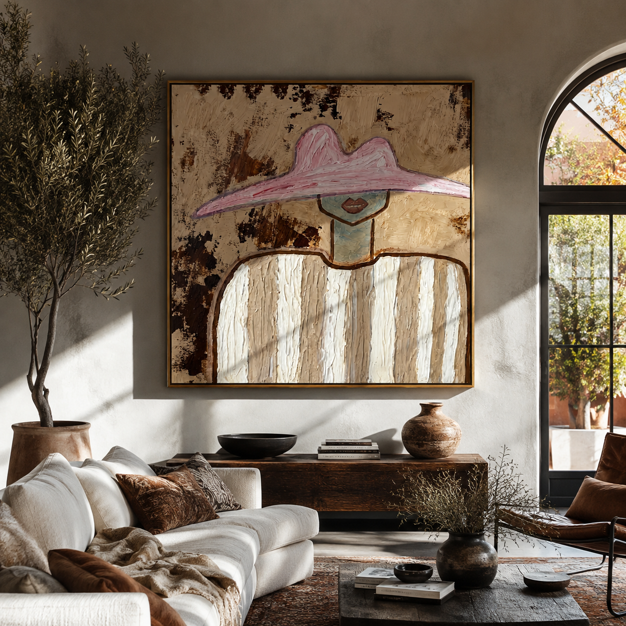 Mottled Pink Guards Linen - neutral striped figure painting by Elliot Vale, modern figurative square wall art - styled room scene view 2