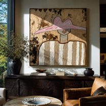 Mottled Pink Guards Linen - neutral striped figure painting by Elliot Vale, modern figurative square wall art - styled room scene view 3