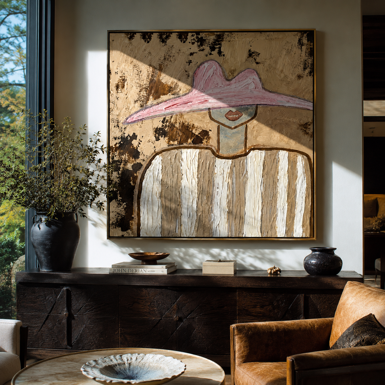Mottled Pink Guards Linen - neutral striped figure painting by Elliot Vale, modern figurative square wall art - styled room scene view 3