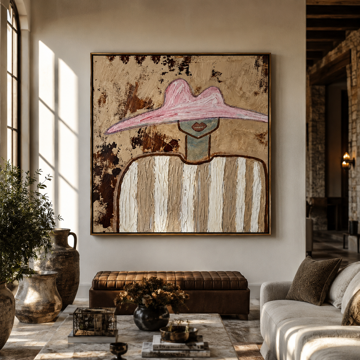 Mottled Pink Guards Linen - neutral striped figure painting by Elliot Vale, modern figurative square wall art - styled room scene view 4