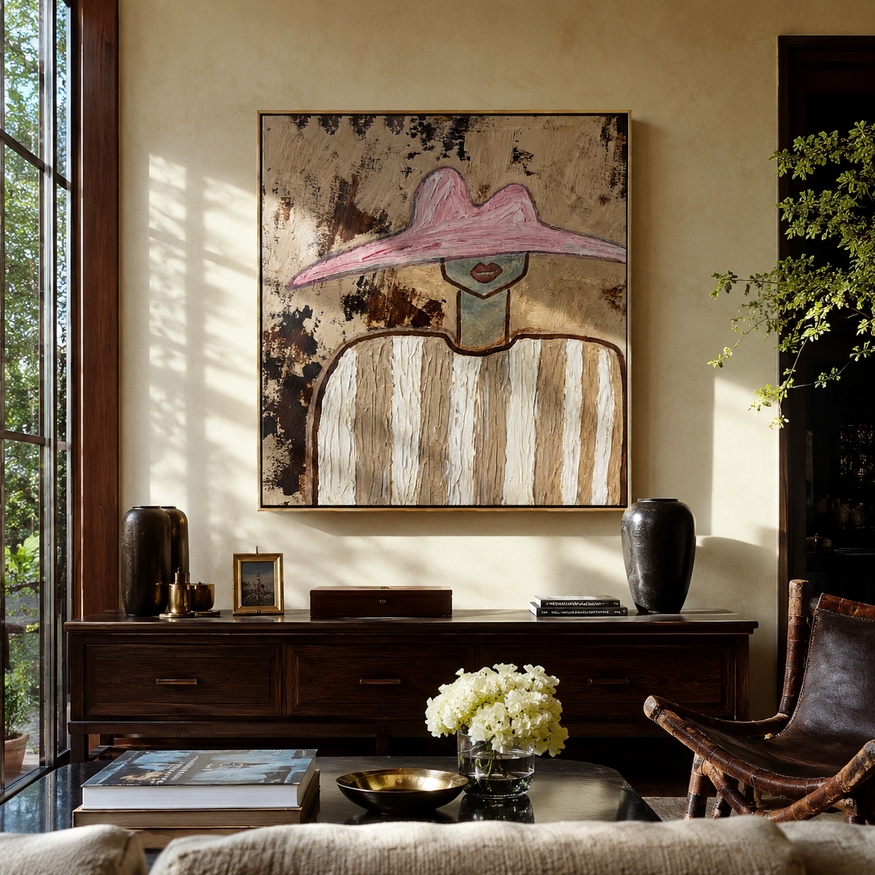 Mottled Pink Guards Linen - neutral striped figure painting by Elliot Vale, modern figurative square wall art - styled room scene view 5