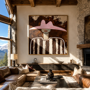 Rose Peak Meets Umber - brown striped figure painting by Elliot Vale, modern figurative square wall art - styled room scene view 1