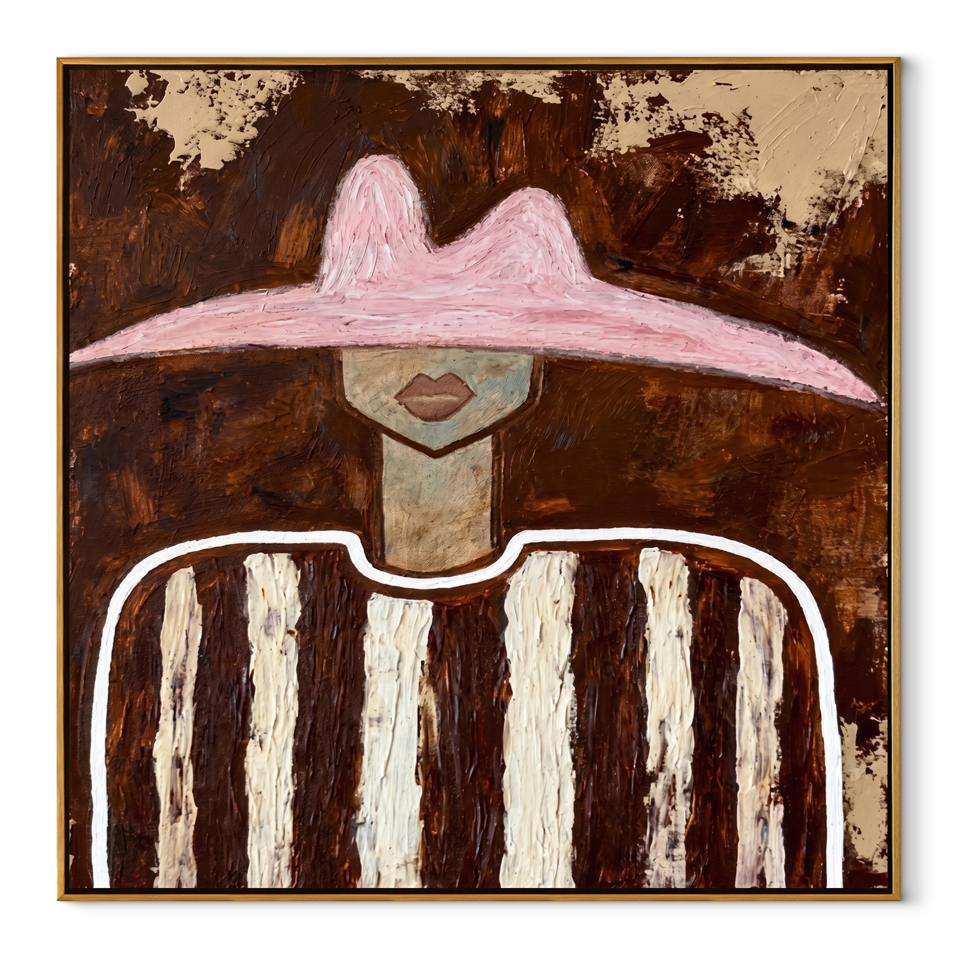 Rose Peak Meets Umber - brown striped figure painting by Elliot Vale, modern figurative square wall art - wood frame on white background