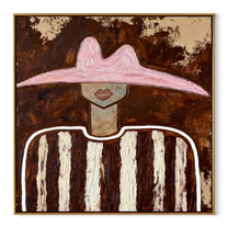 Rose Peak Meets Umber - brown striped figure painting by Elliot Vale, modern figurative square wall art - wood frame on white background