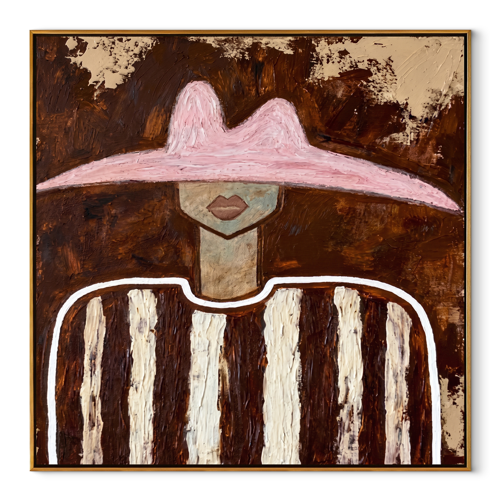 Rose Peak Meets Umber - brown striped figure painting by Elliot Vale, modern figurative square wall art - wood frame on white background